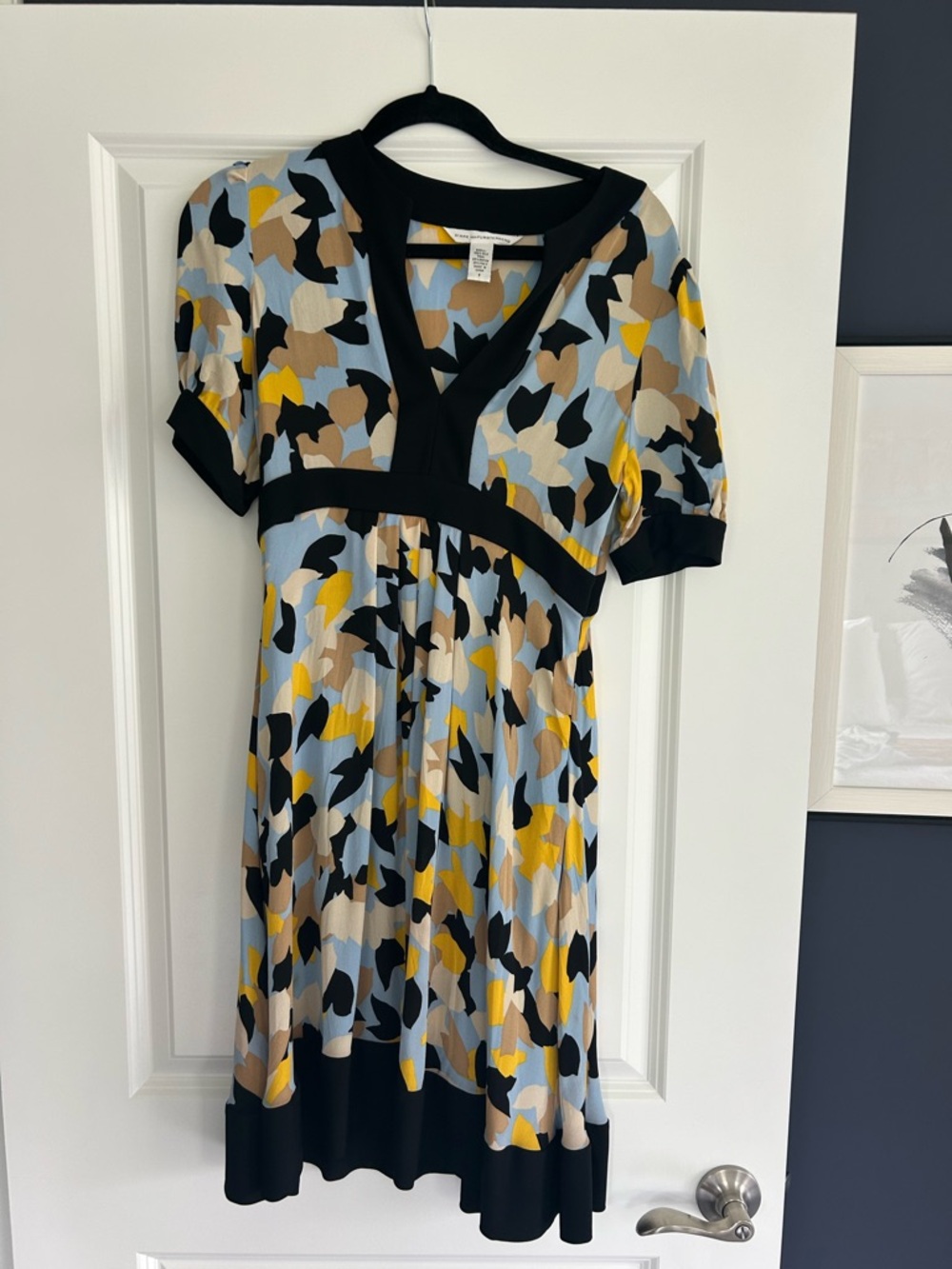 Abstract Floral Fit-and-Flare Dress in Blue, Yellow & Black
